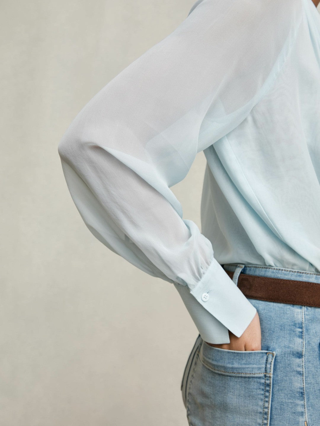 Silk Blend Chiffon Tie-Neck Blouse in Pale Blue