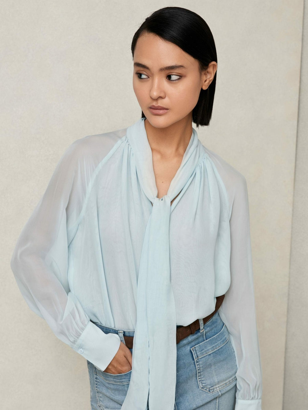 Silk Blend Chiffon Tie-Neck Blouse in Pale Blue