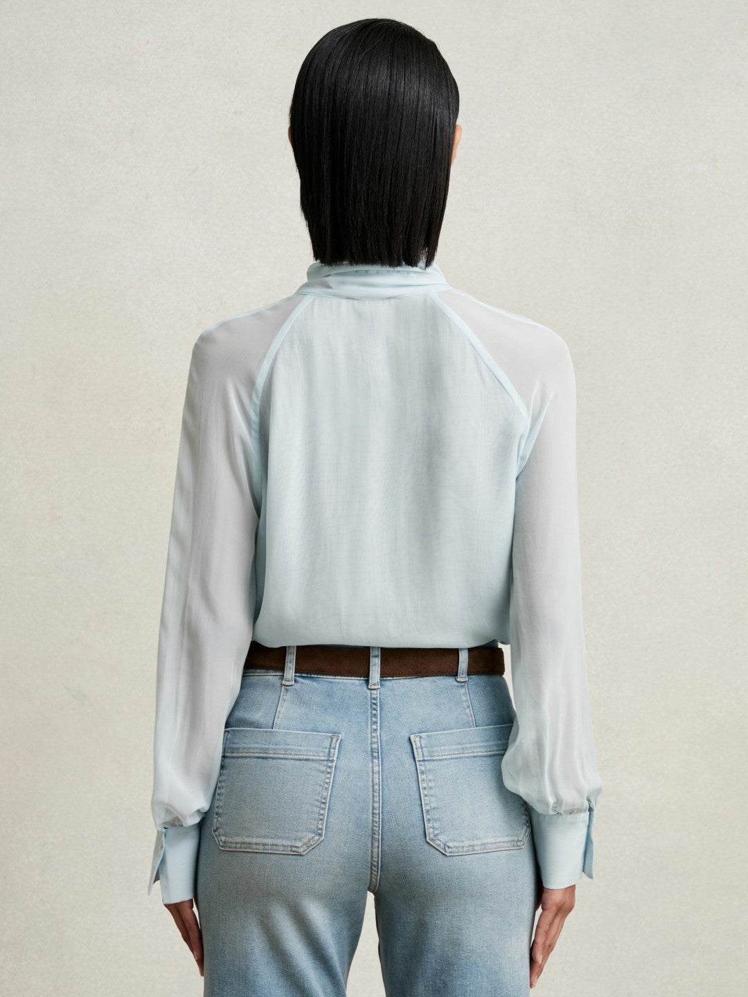 Silk Blend Chiffon Tie-Neck Blouse in Pale Blue