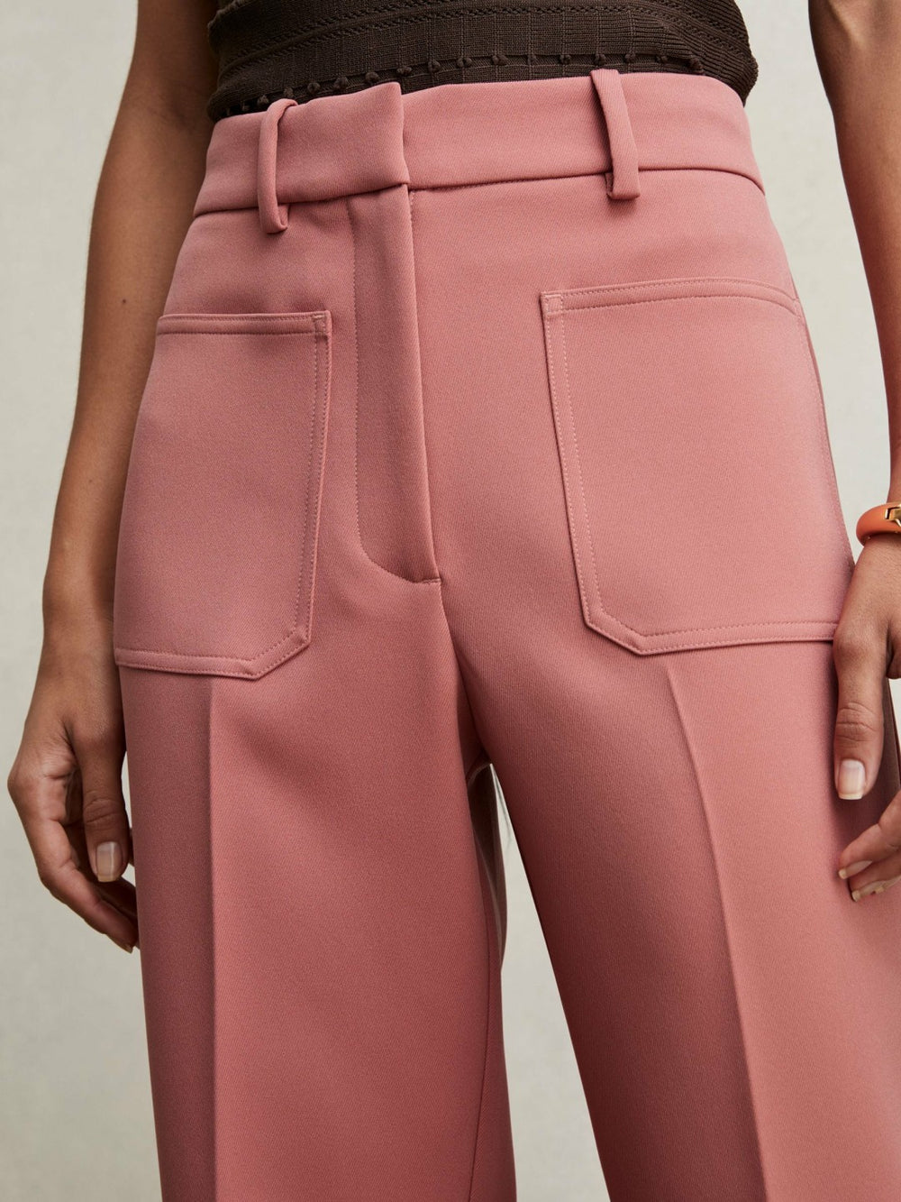 Twill Patch-Pocket Flared Trousers in Pink