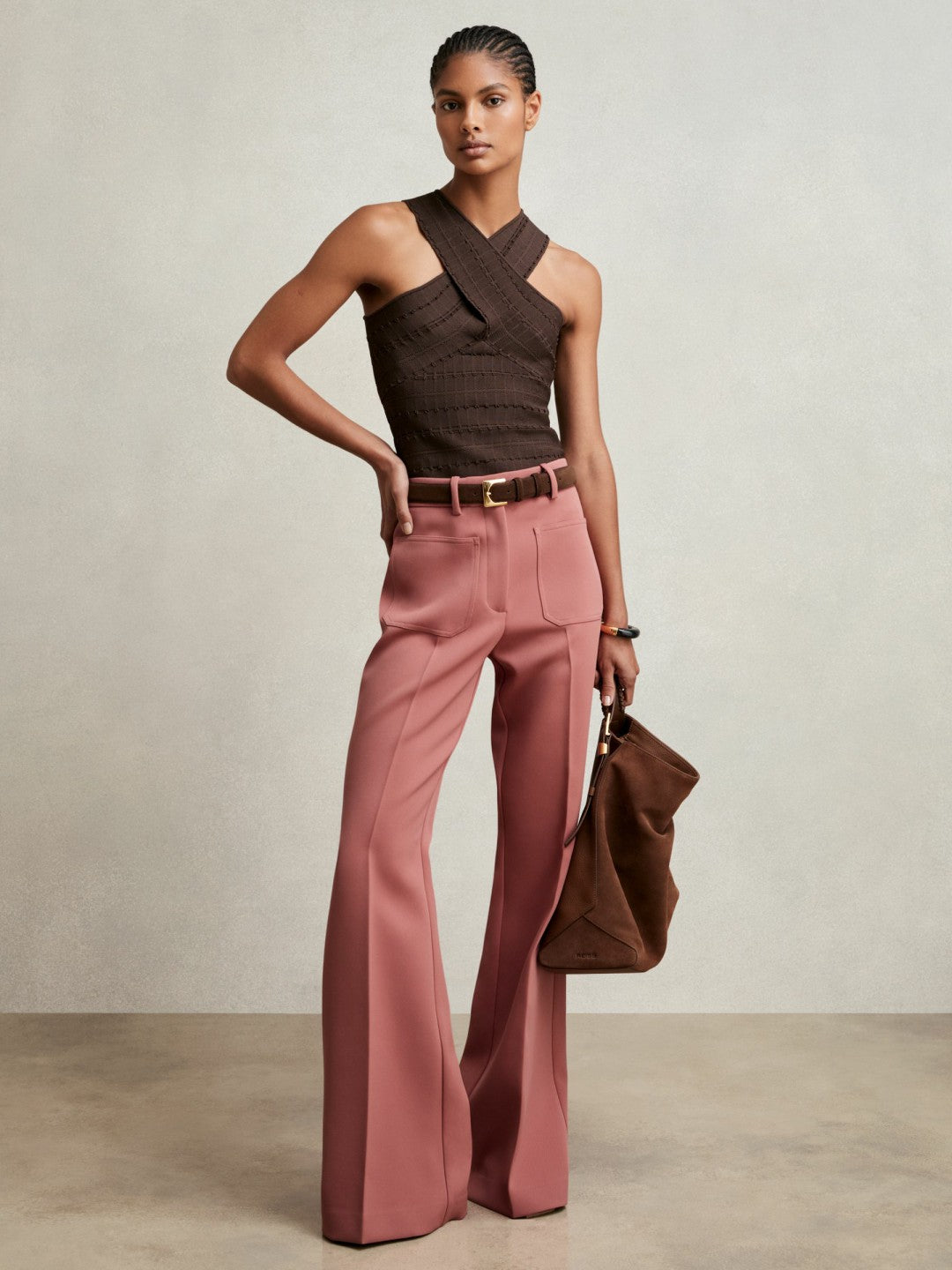 Petite Twill Patch-Pocket Flared Trousers in Pink