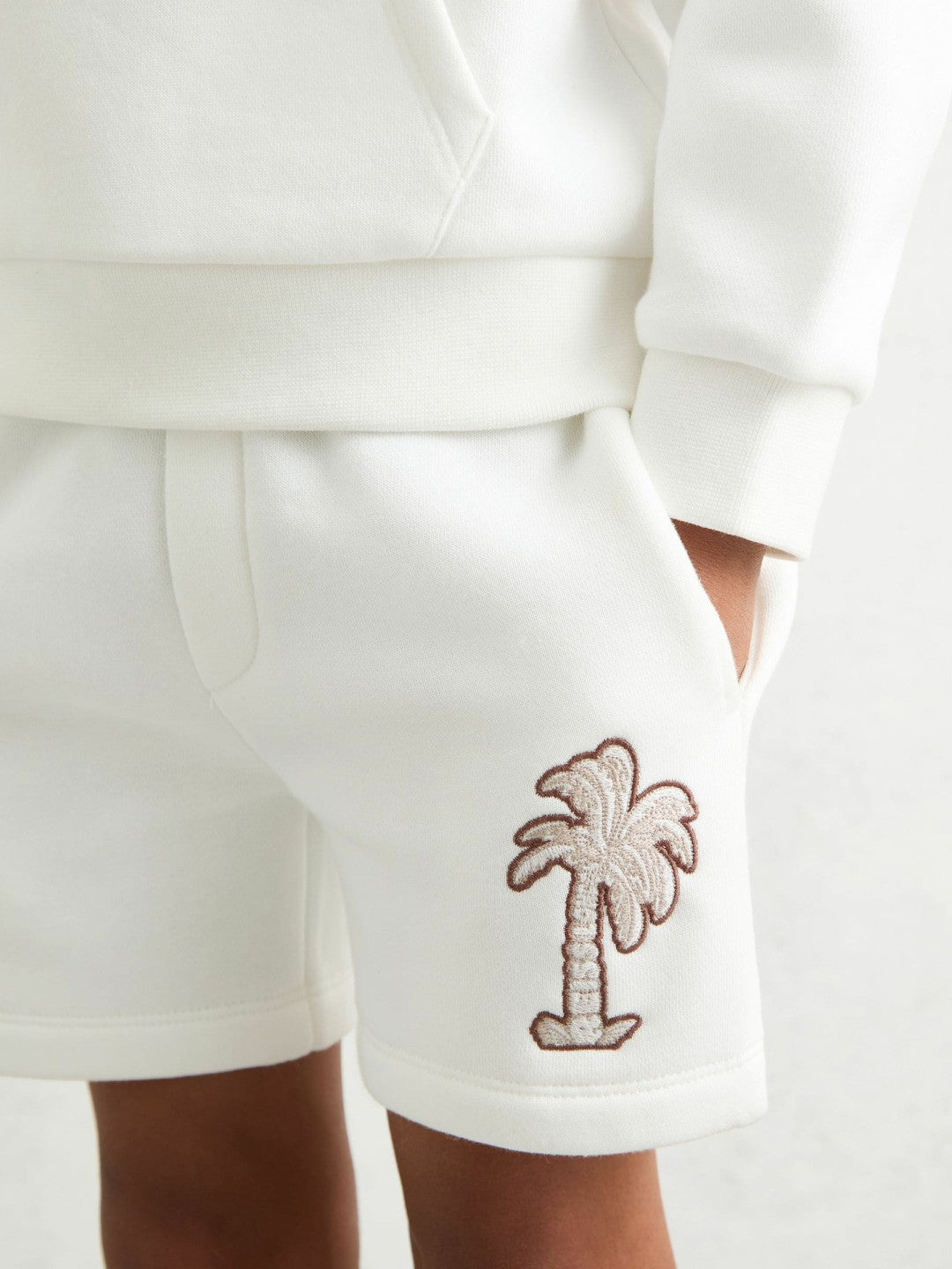 13-14 yrs Cotton Blend Palm Embroidered Shorts in Off White