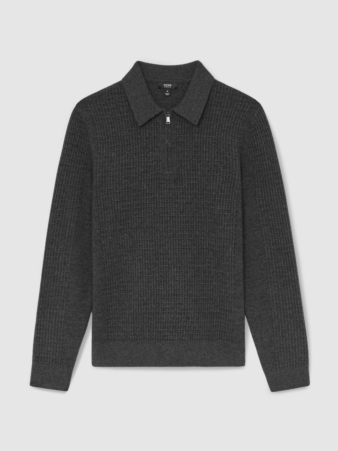 Wool Waffle-Knit Half-Zip Polo Shirt in Charcoal Grey