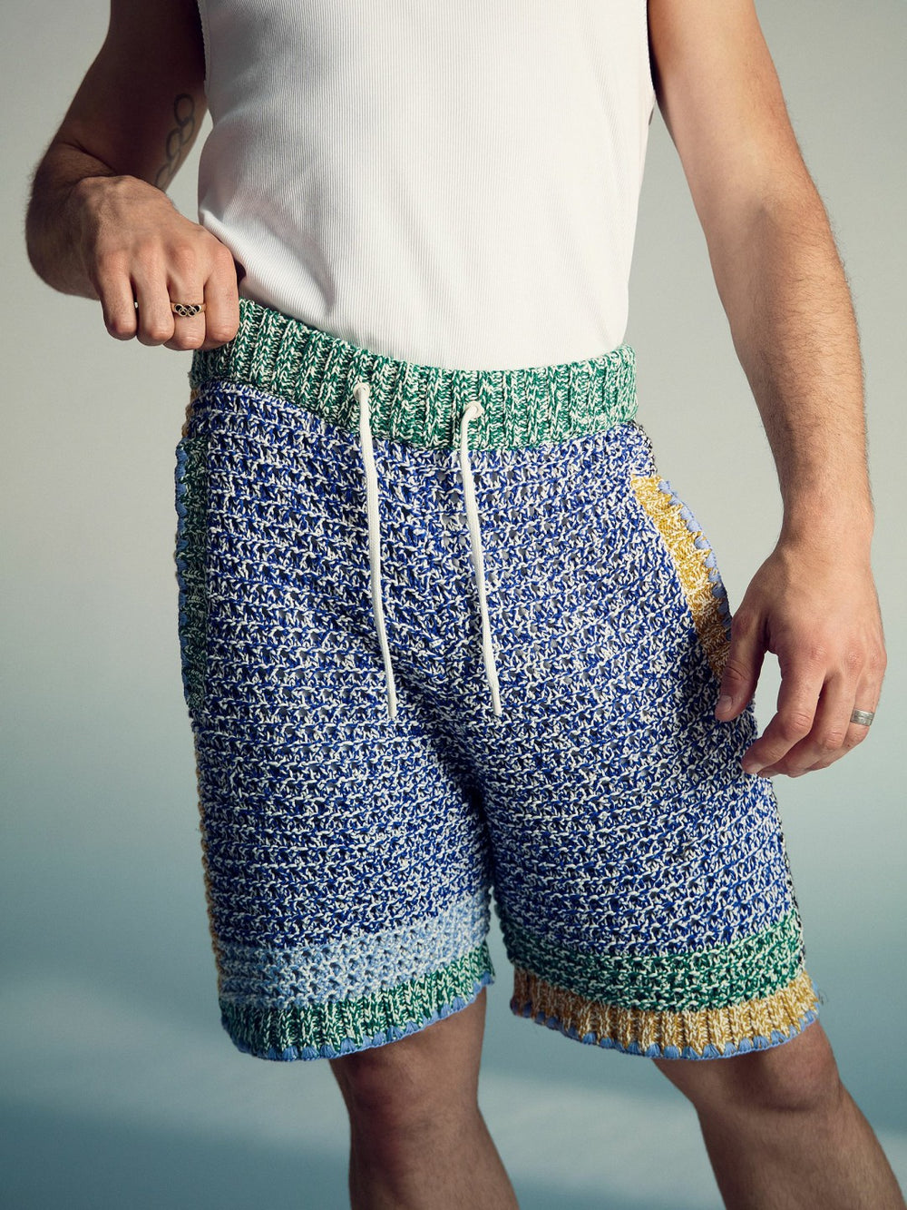| Tom Daley Crochet Panel Shorts in Yellow/Green/Blue Multi