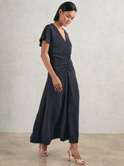 Petite Ruched-Front Midi Dress in Navy