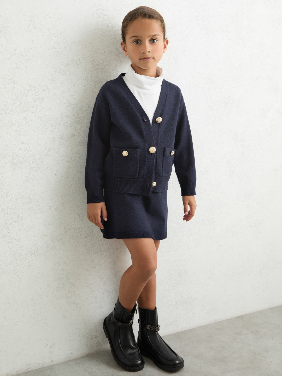 9-13 yrs Knitted Embossed-Button Cardigan in Navy