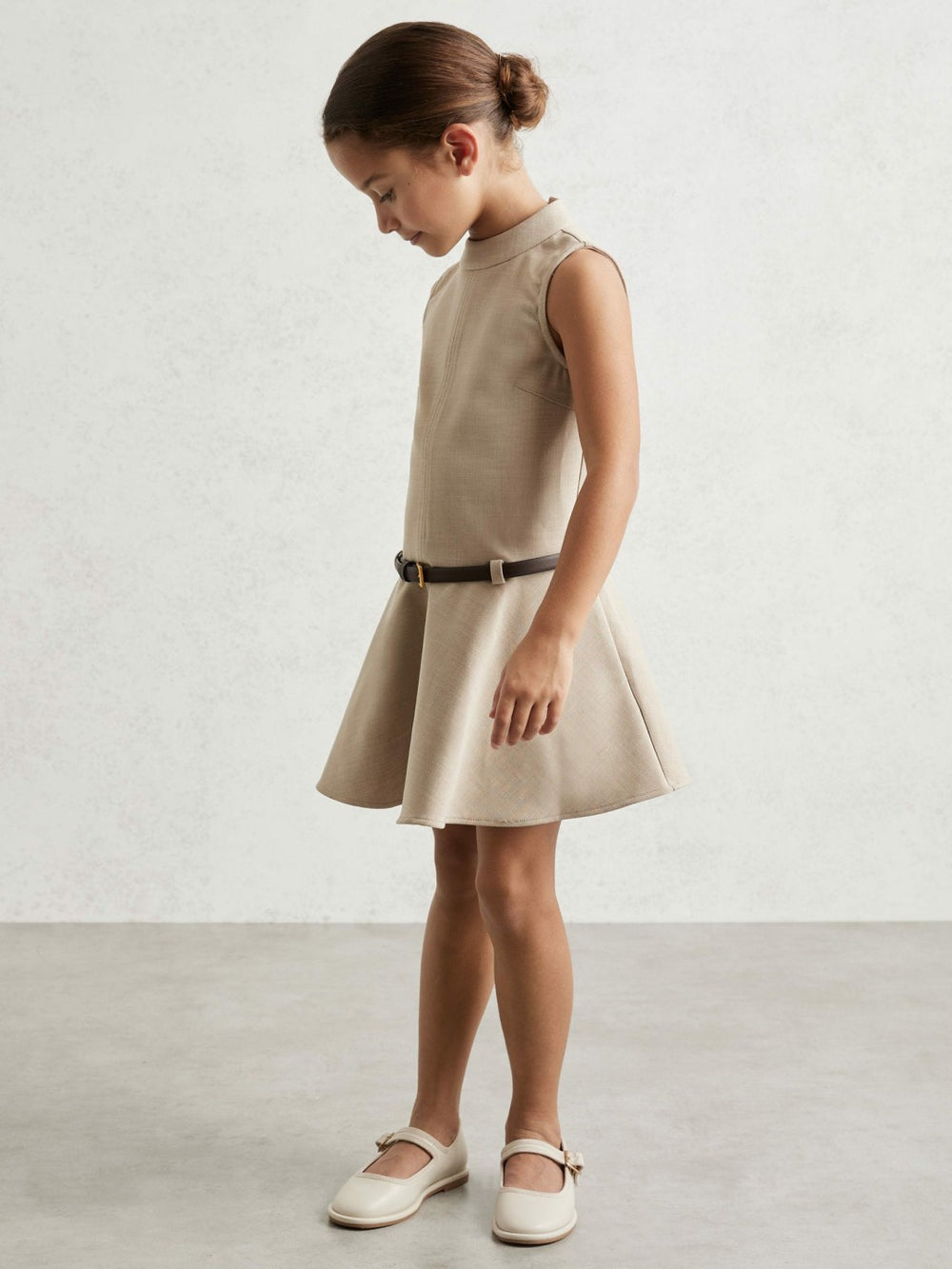 9-13 yrs Drop Waist Belted Sleeveless Dress in Neutral