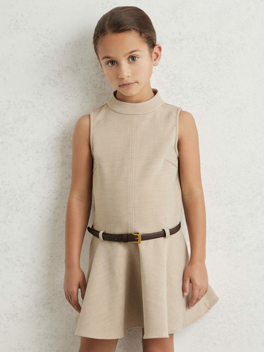 9-13 yrs Drop Waist Belted Sleeveless Dress in Neutral