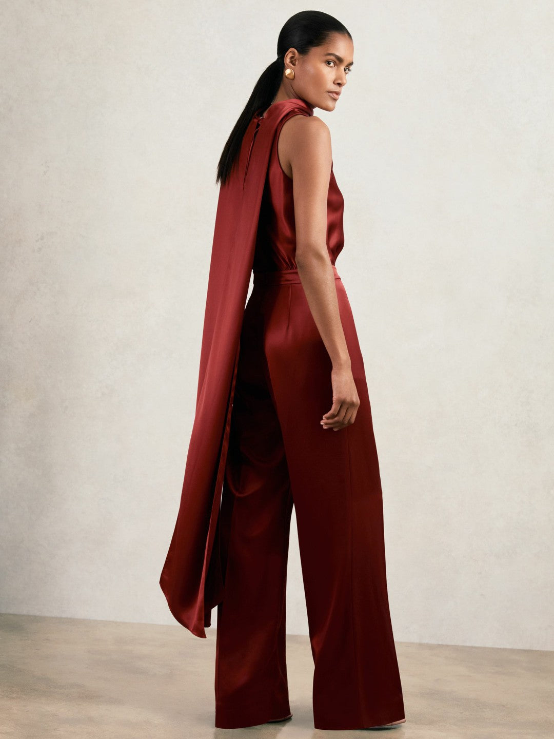 Satin Cape-Sash Jumpsuit in Dark Red