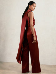 Satin Cape-Sash Jumpsuit in Dark Red