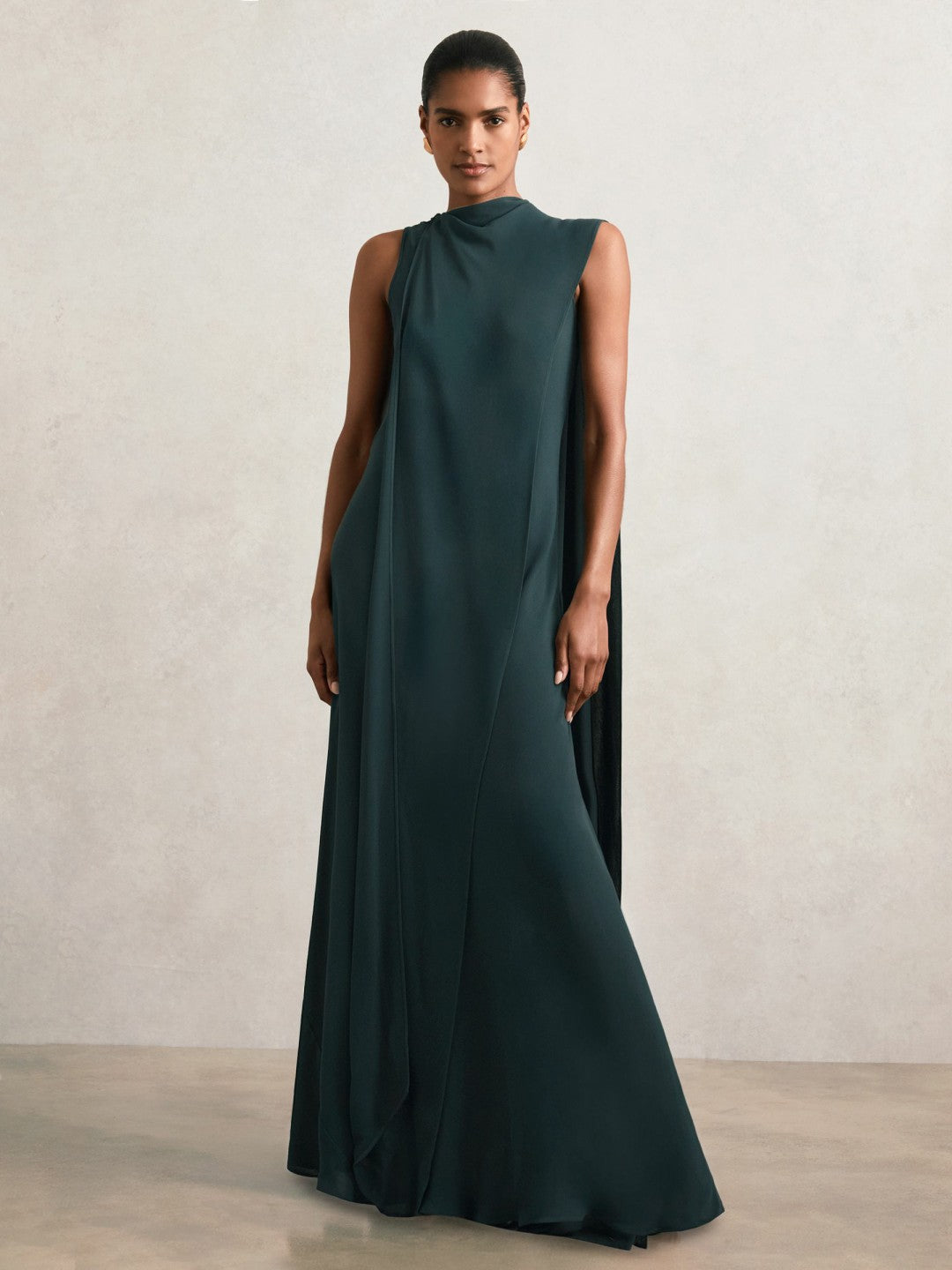 Petite Crepe Cape Maxi Dress in Teal Green