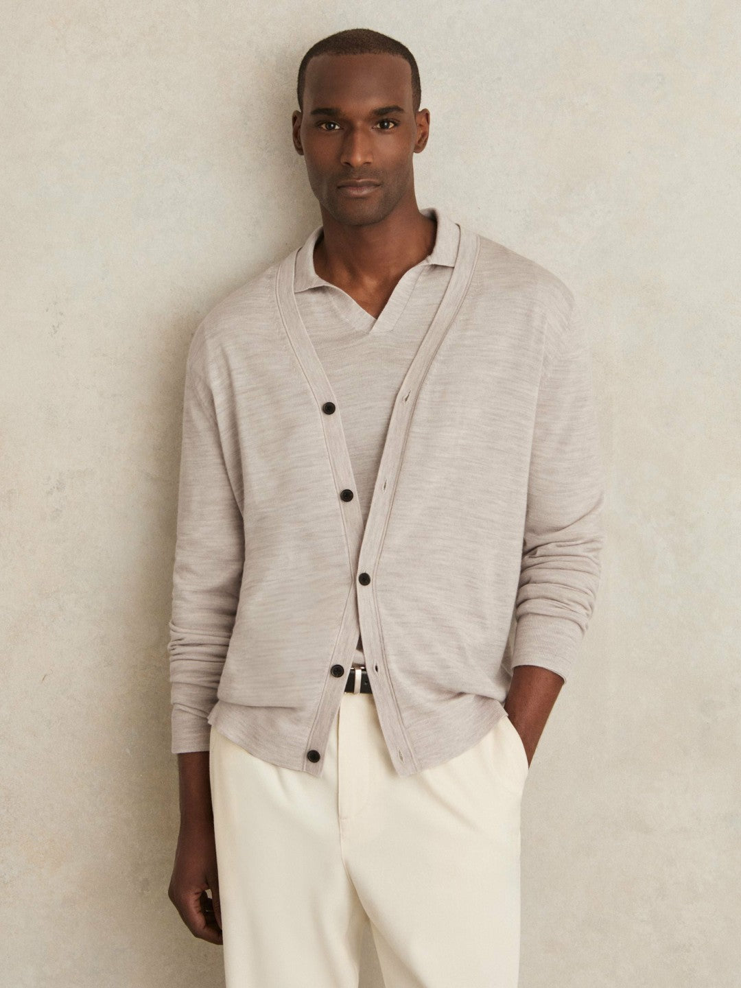 Merino Wool Button-Through Cardigan in Wicker Brown Melange