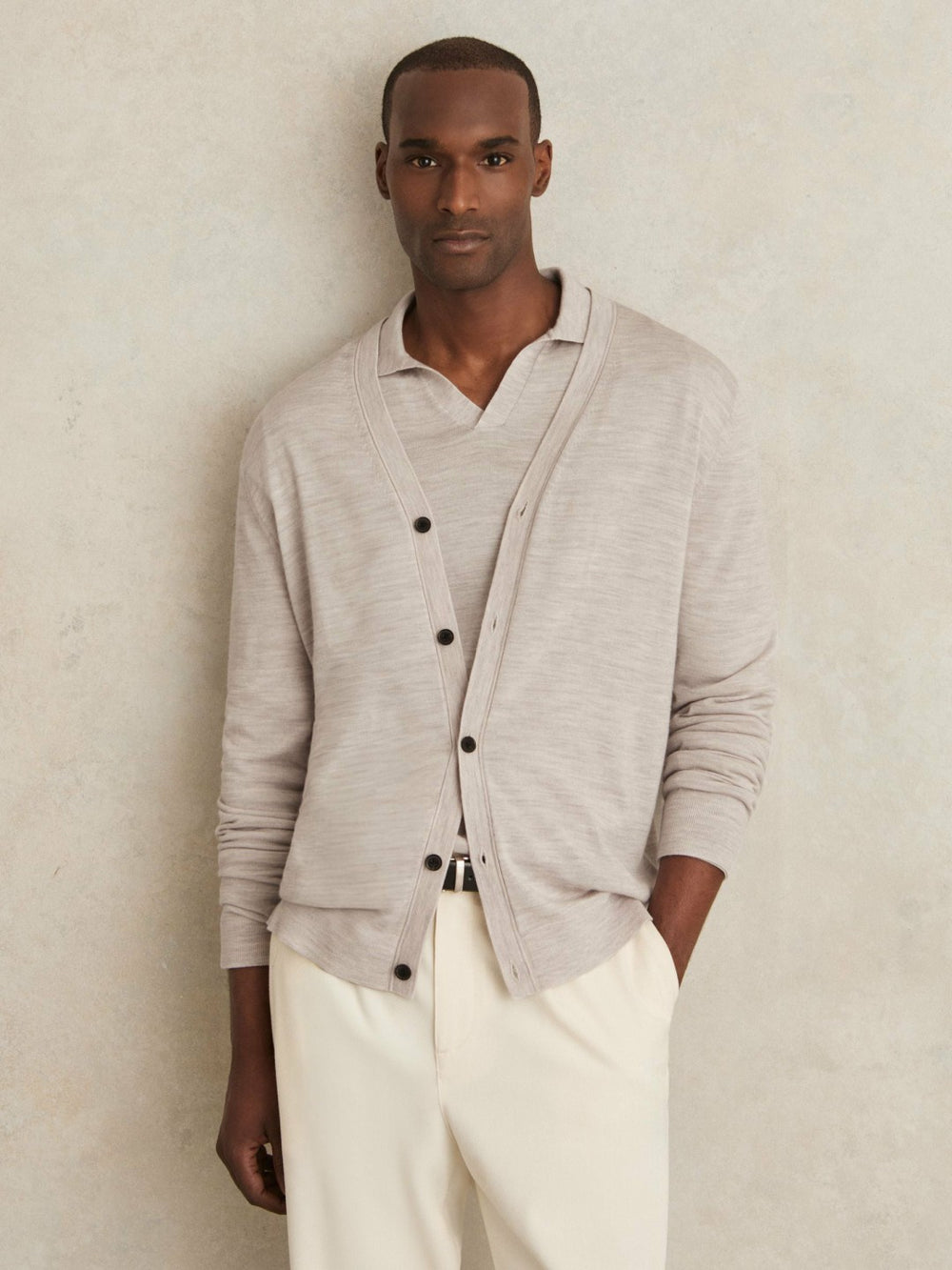 Merino Wool Button-Through Cardigan in Wicker Brown Melange