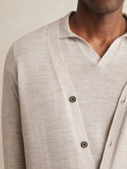 Merino Wool Button-Through Cardigan in Wicker Brown Melange
