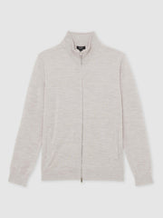 Merino Wool Zip Through Cardigan in Wicker Brown Melange