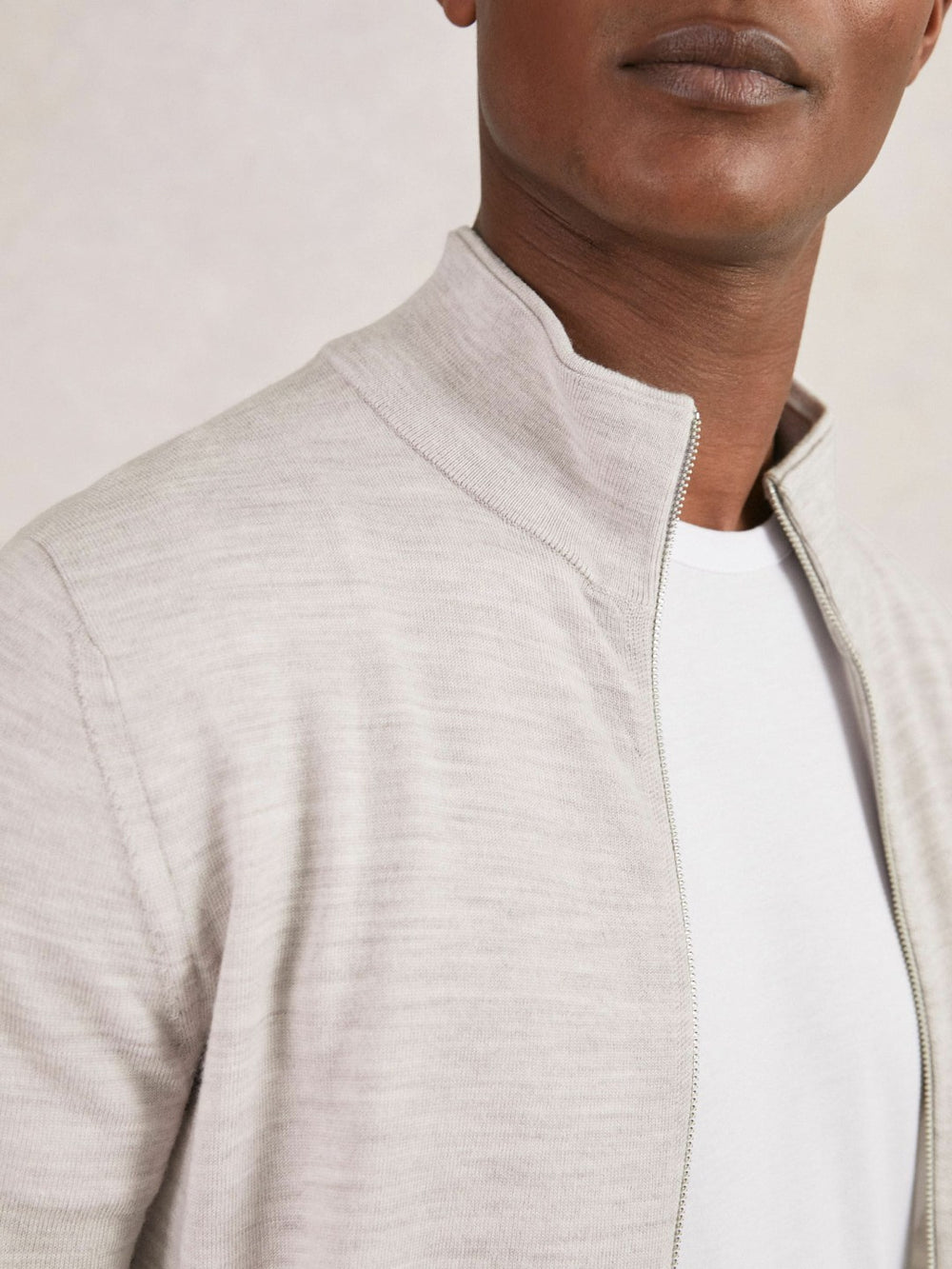 Merino Wool Zip Through Cardigan in Wicker Brown Melange