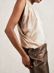 Silk Draped Sleeveless Top in Champagne Neutral