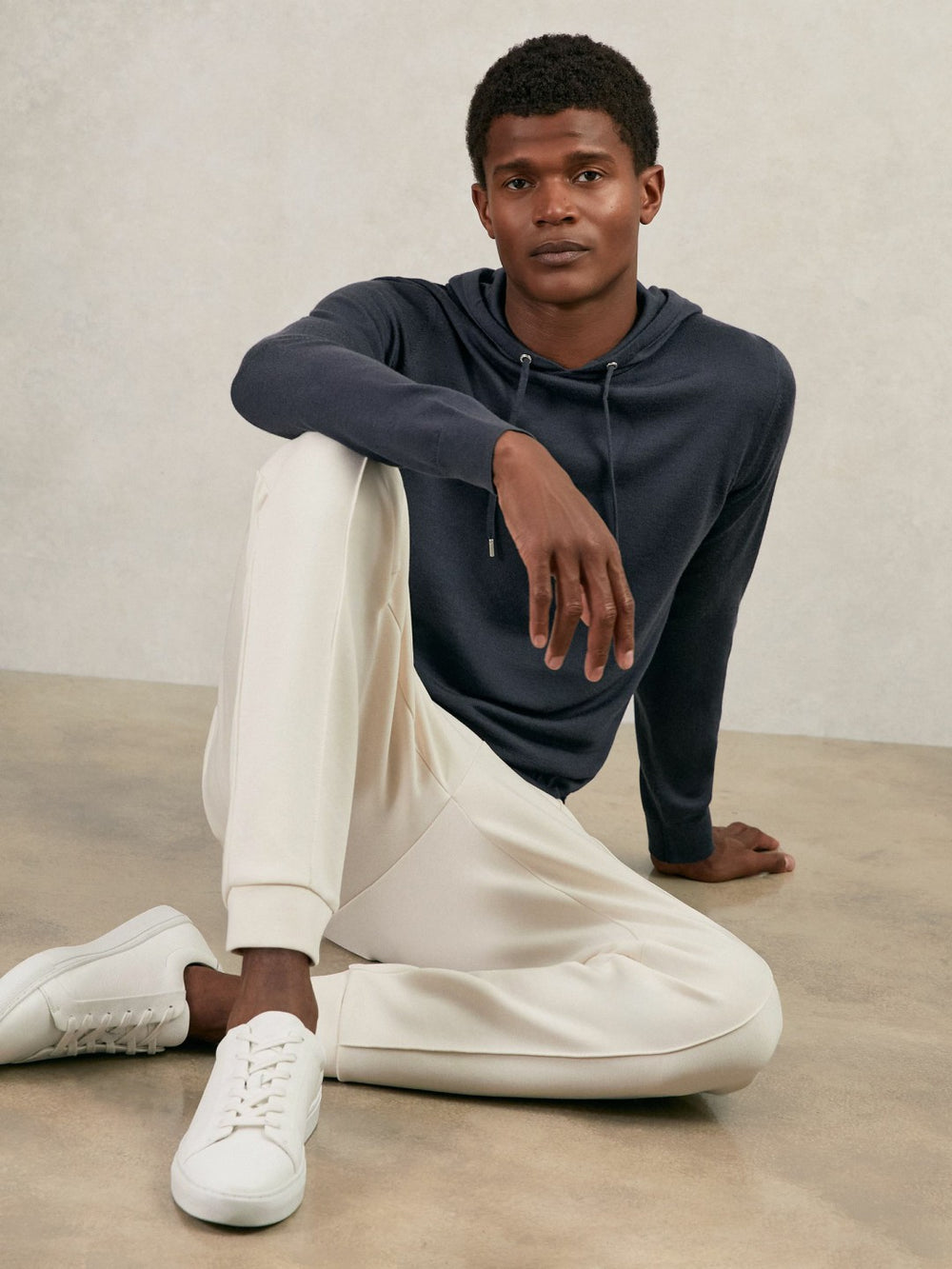 Merino Wool Drawstring Hoodie in Midnight Navy