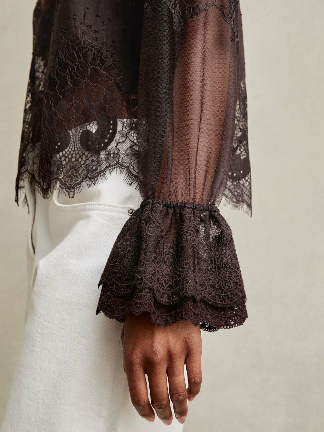 Lace Flared Cuff Blouse in Chocolate Brown