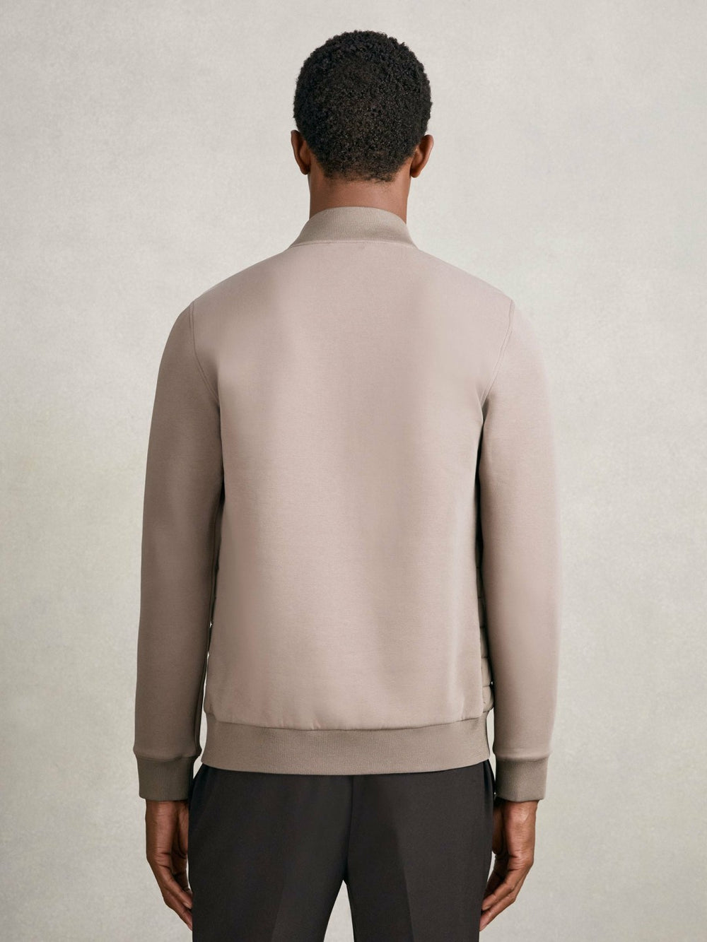 Hybrid Quilt and Knit Zip-Through Jacket in Taupe Brown