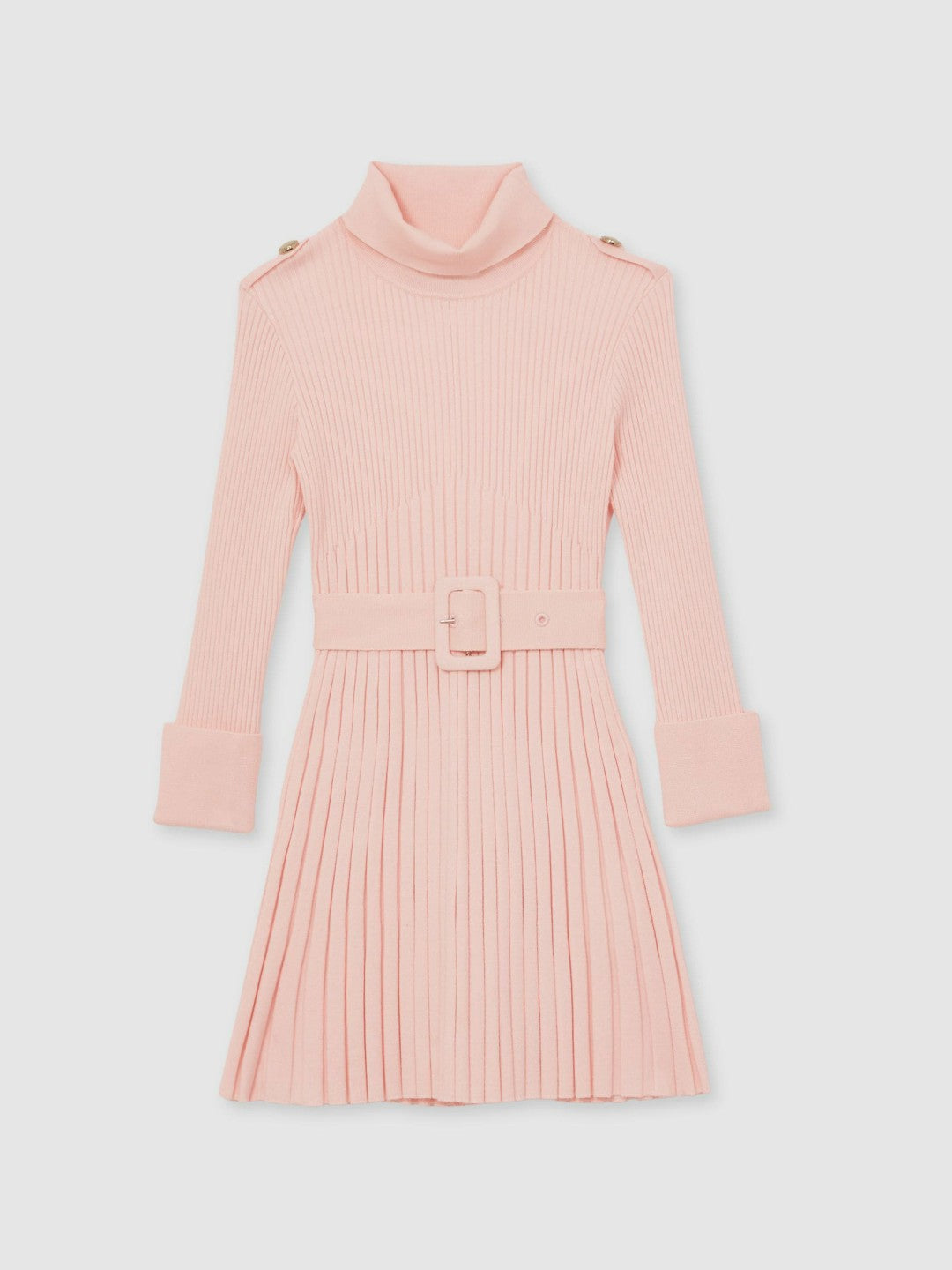 13-14 yrs Rib-Knit Roll-Neck Belted Dress in Pink
