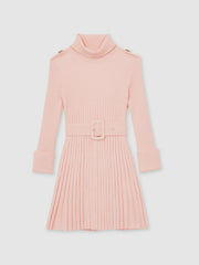 13-14 yrs Rib-Knit Roll-Neck Belted Dress in Pink