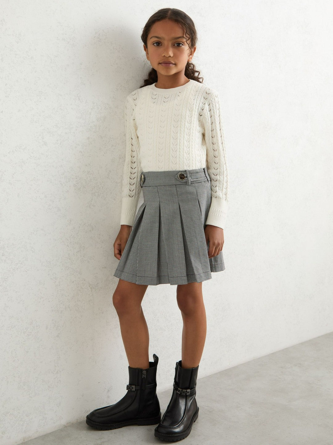 Houndstooth-Check Pleated Skirt in Black/White