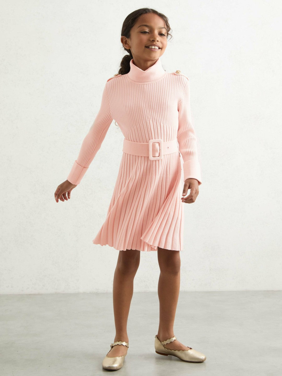 3-9 yrs Rib-Knit Roll-Neck Belted Dress in Pink