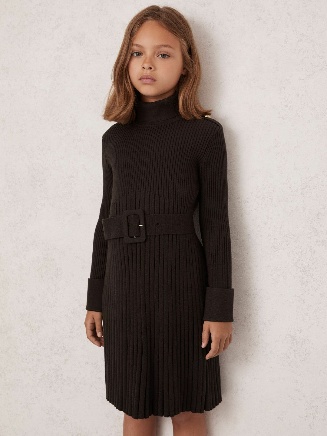 3-9 yrs Rib-Knit Roll-Neck Belted Dress in Chocolate