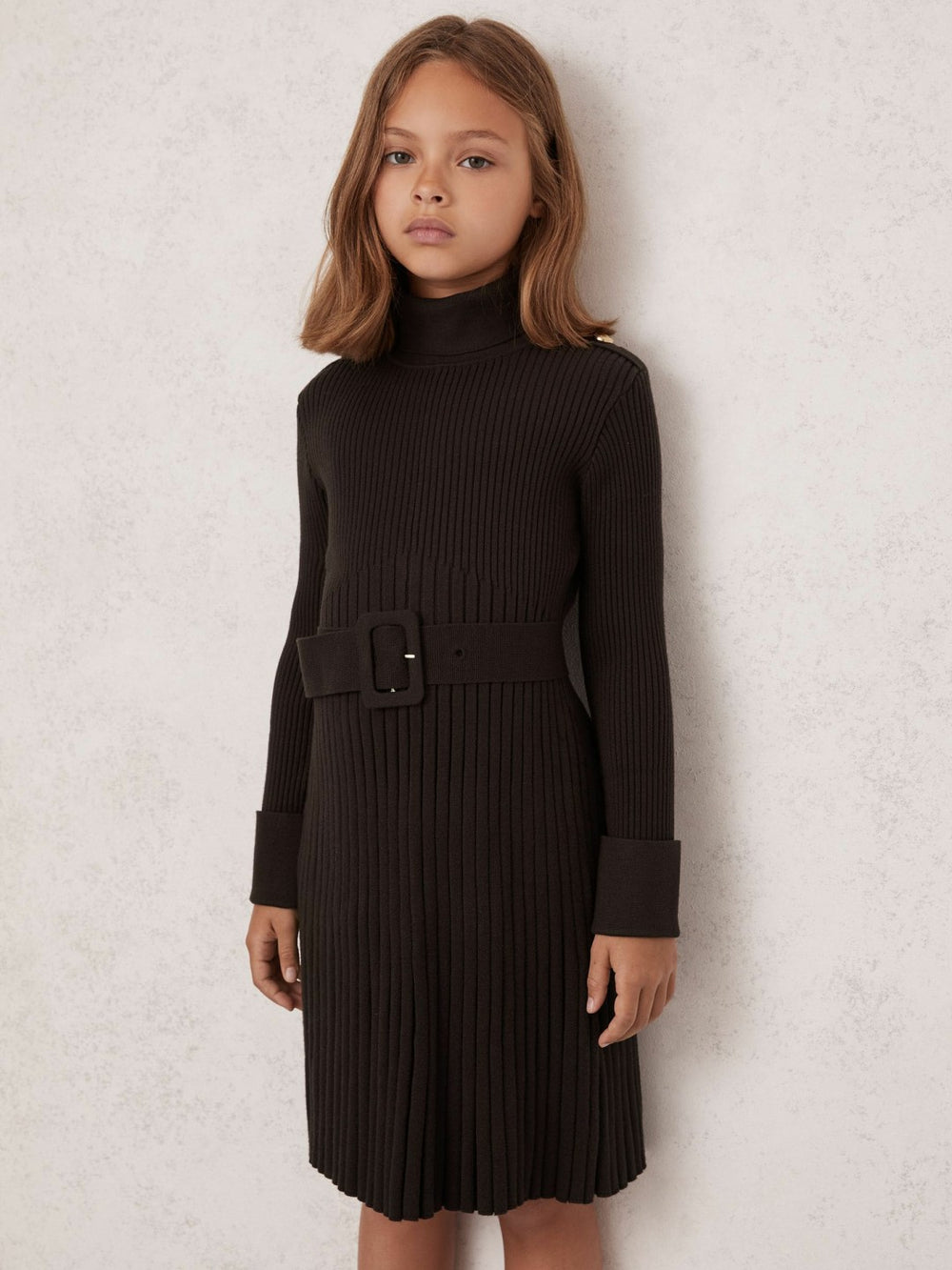 3-9 yrs Rib-Knit Roll-Neck Belted Dress in Chocolate