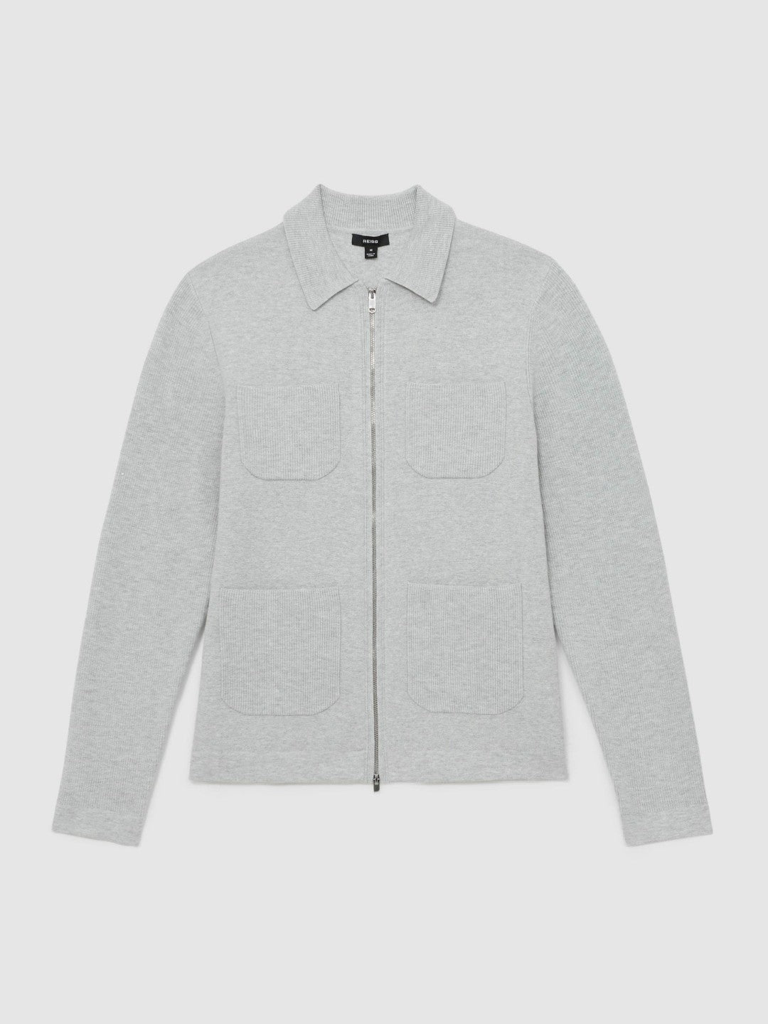 Four-Pocket Zip-Through Cardigan in Soft Grey