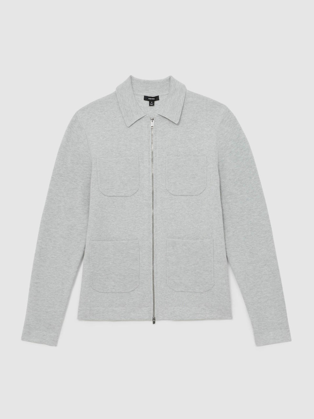 Four-Pocket Zip-Through Cardigan in Soft Grey