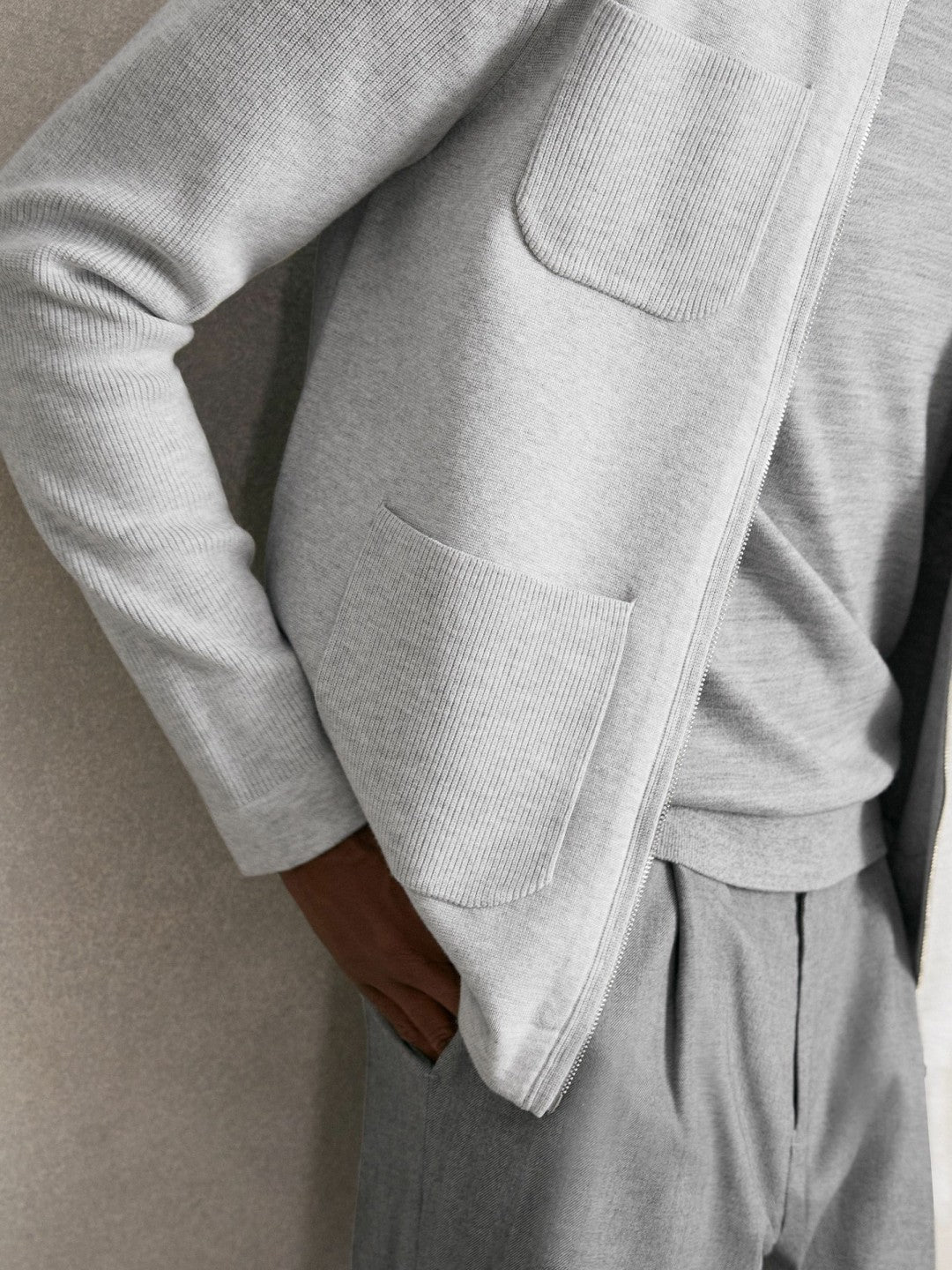 Four-Pocket Zip-Through Cardigan in Soft Grey