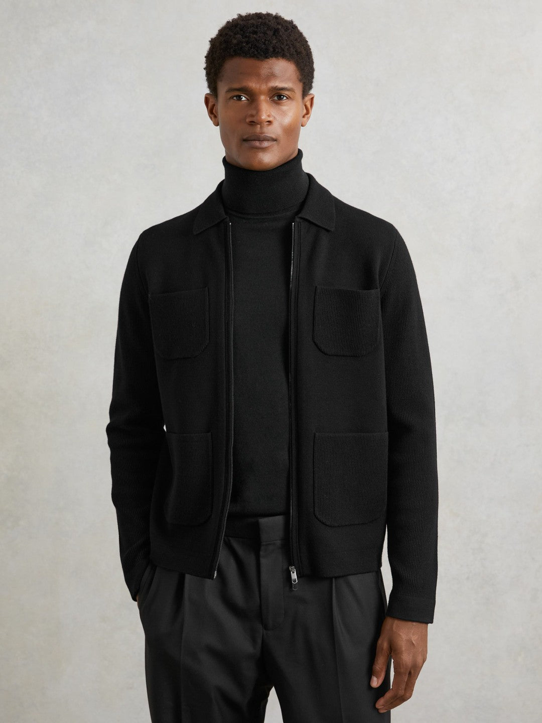 Four-Pocket Zip-Through Cardigan in Black