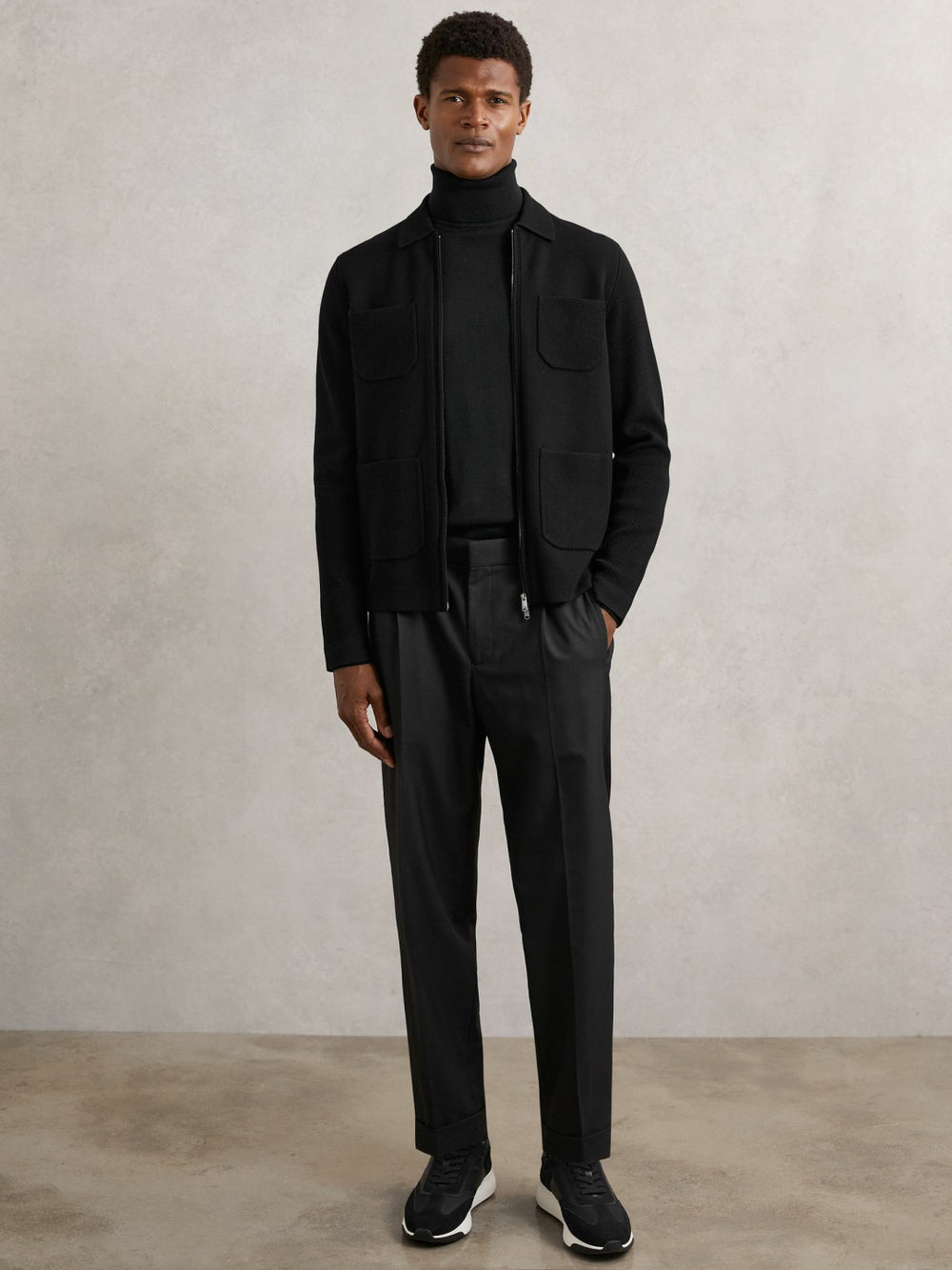 Four-Pocket Zip-Through Cardigan in Black