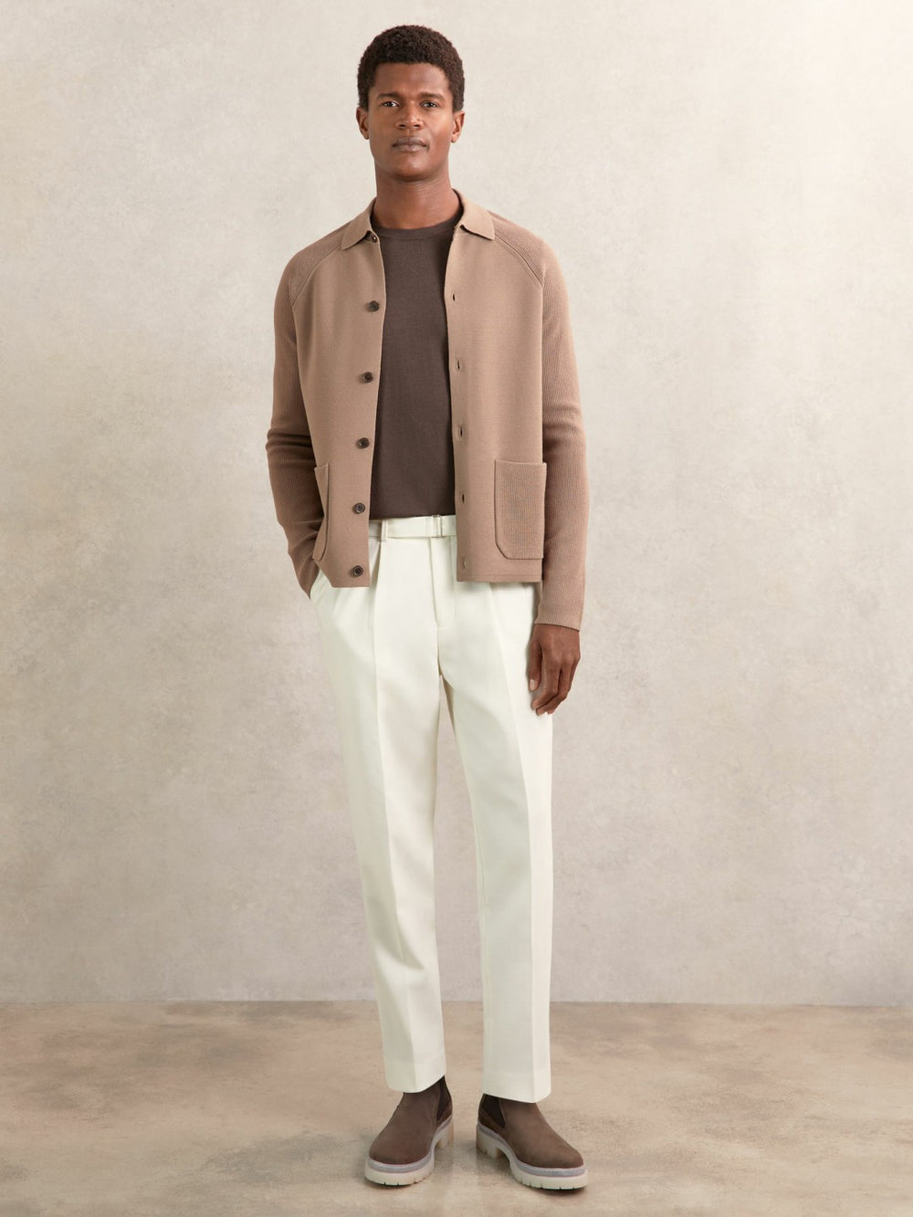 Button-Through Ribbed-Sleeve Shirt in Camel Brown