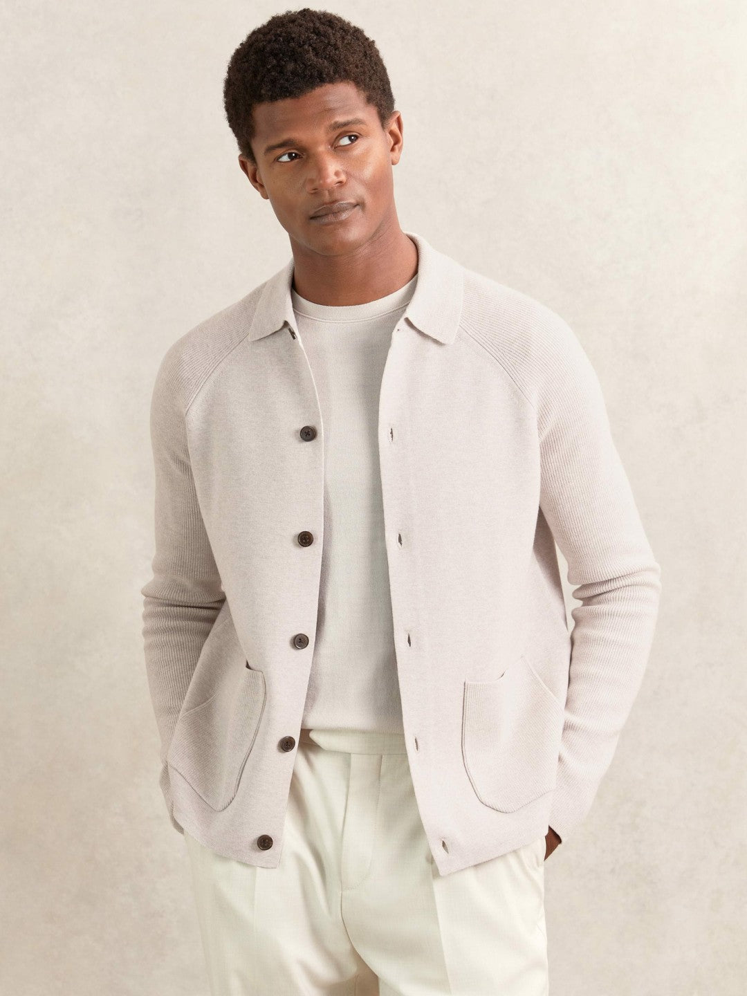 Button-Through Ribbed-Sleeve Shirt in Oatmeal Brown