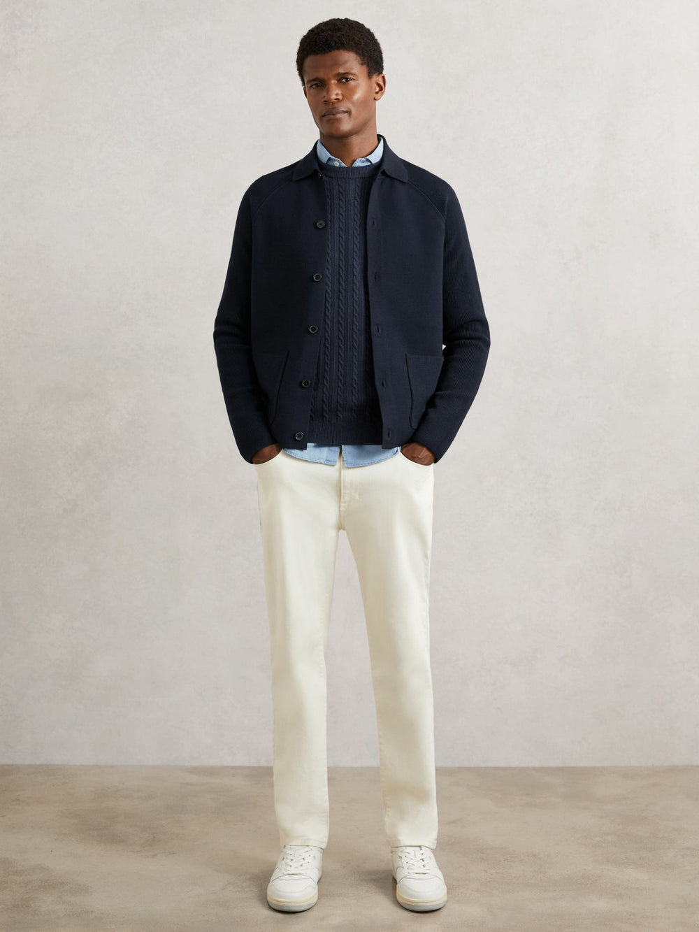 Button-Through Ribbed-Sleeve Shirt in Navy Blue