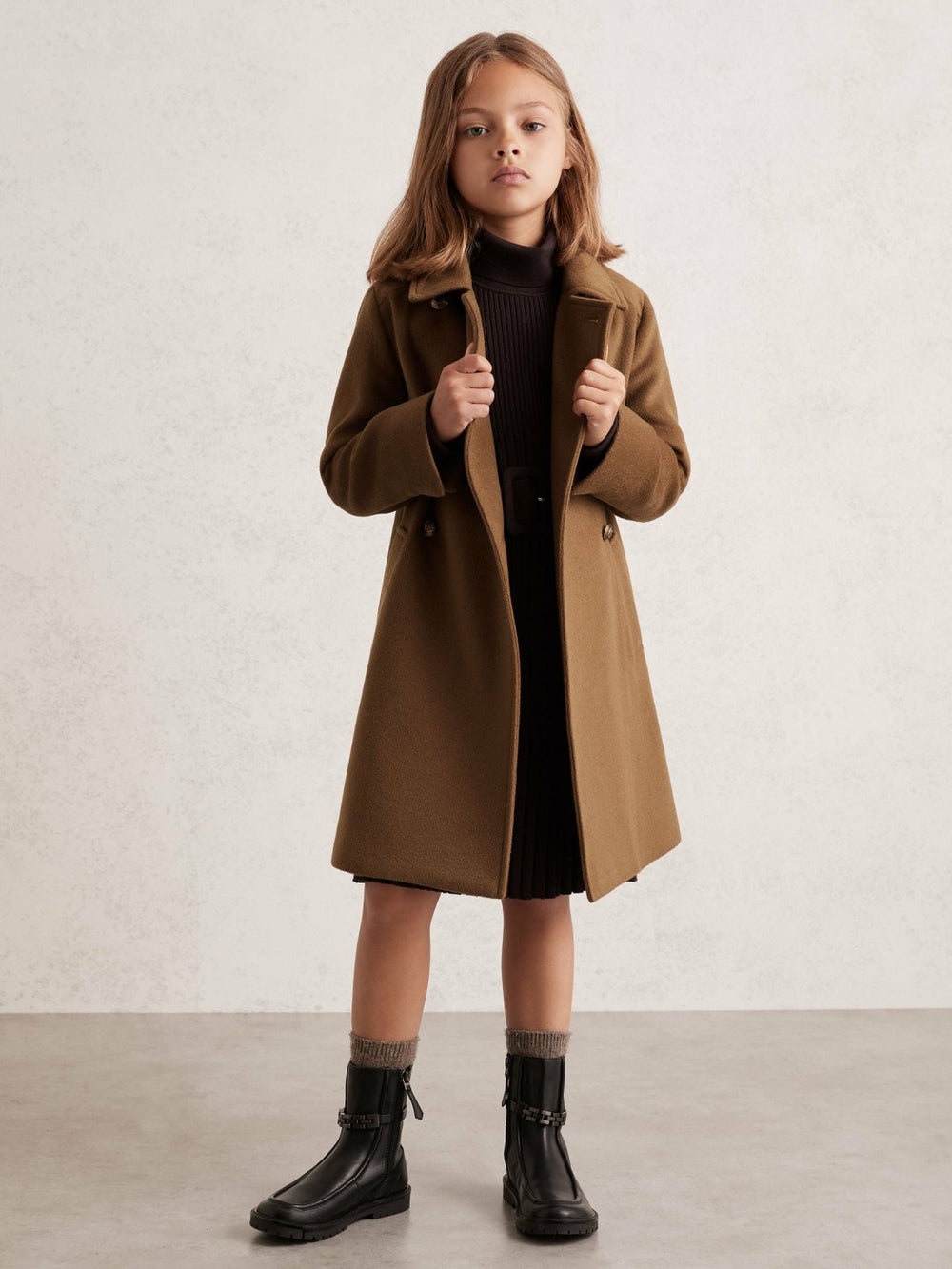 9-13 yrs Wool-Blend Double-Breasted Coat in Camel