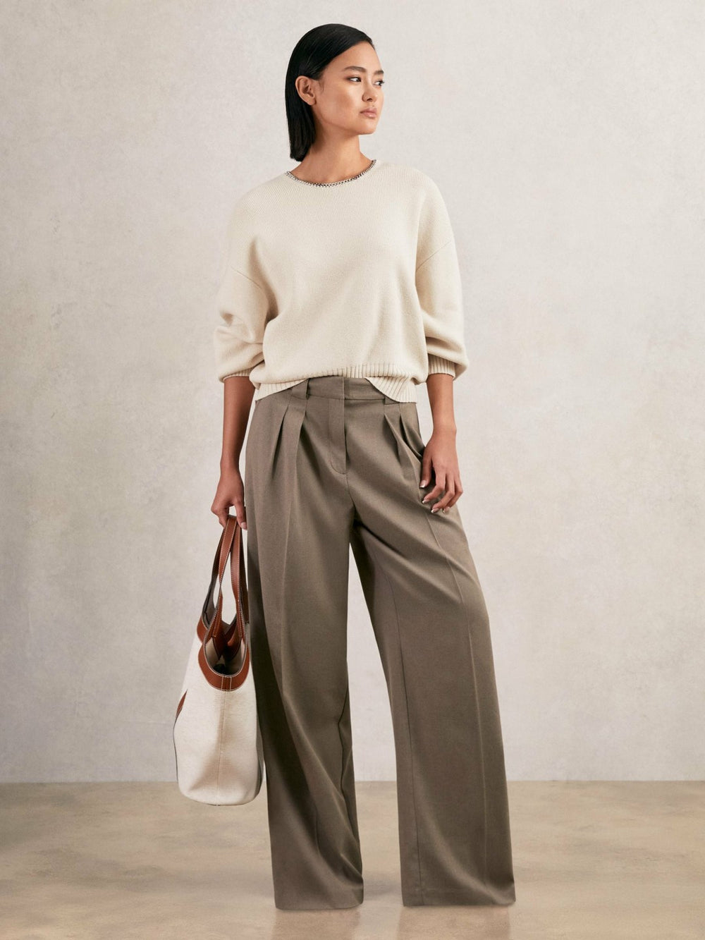 Wool-Blend Necklace-Trim Jumper with Cashmere in Cream