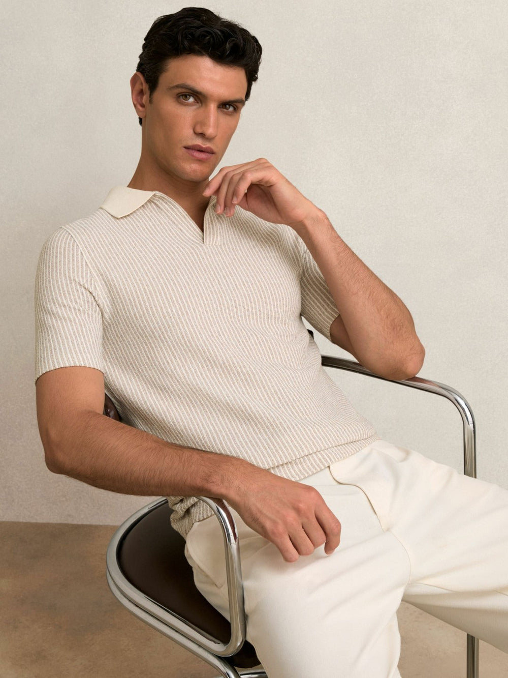 Cotton-Blend Stripe Polo Shirt in Ecru/Taupe Brown