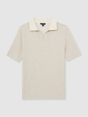 Cotton-Blend Stripe Polo Shirt in Ecru/Taupe Brown