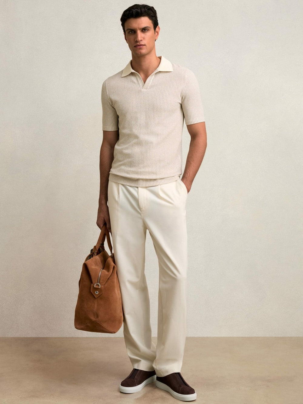 Cotton-Blend Stripe Polo Shirt in Ecru/Taupe Brown