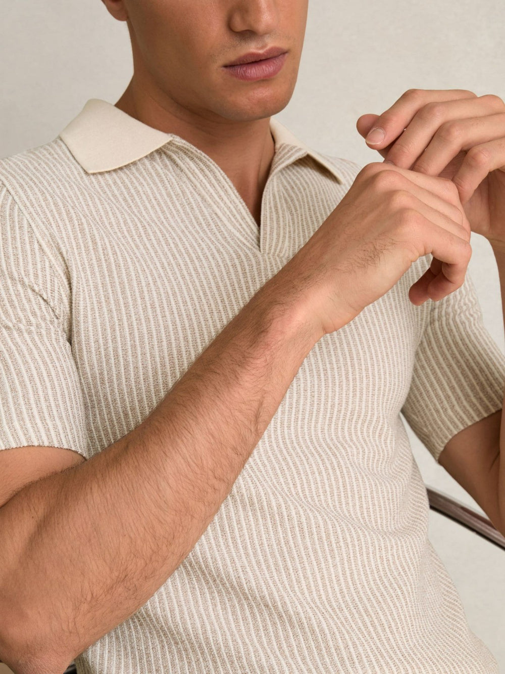 Cotton-Blend Stripe Polo Shirt in Ecru/Taupe Brown