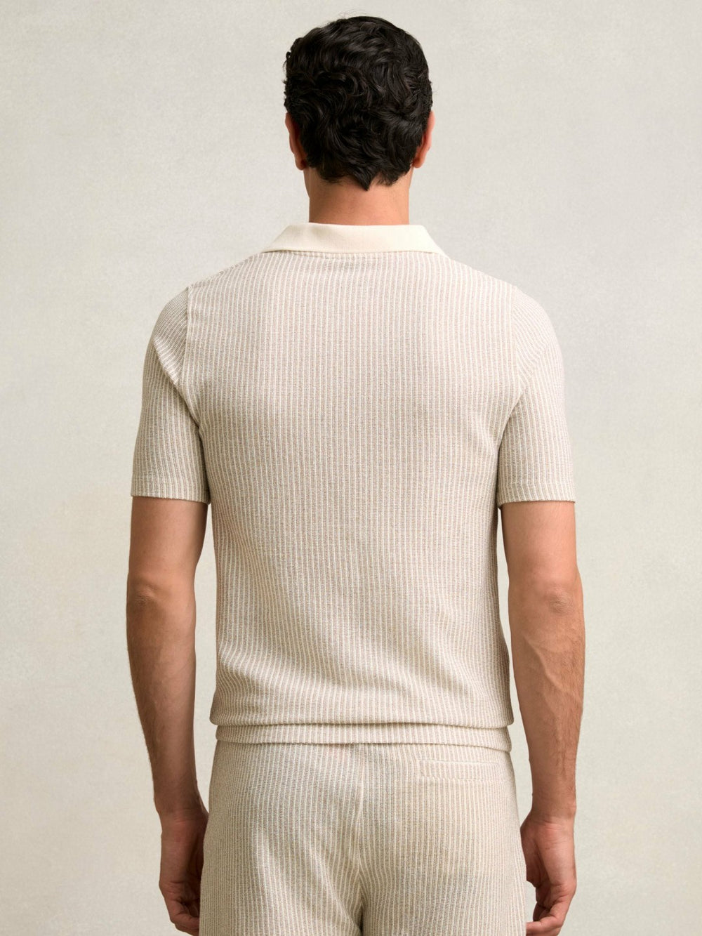 Cotton-Blend Stripe Polo Shirt in Ecru/Taupe Brown