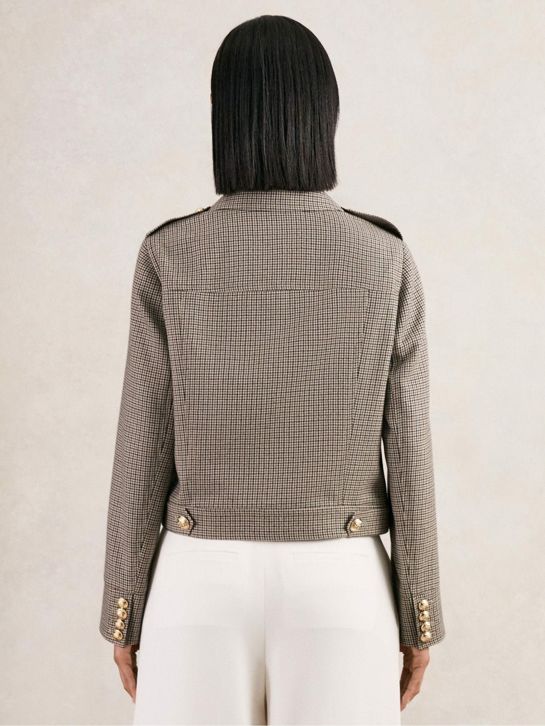 Wool Twin-Pocket Cropped Jacket in Neutral Check