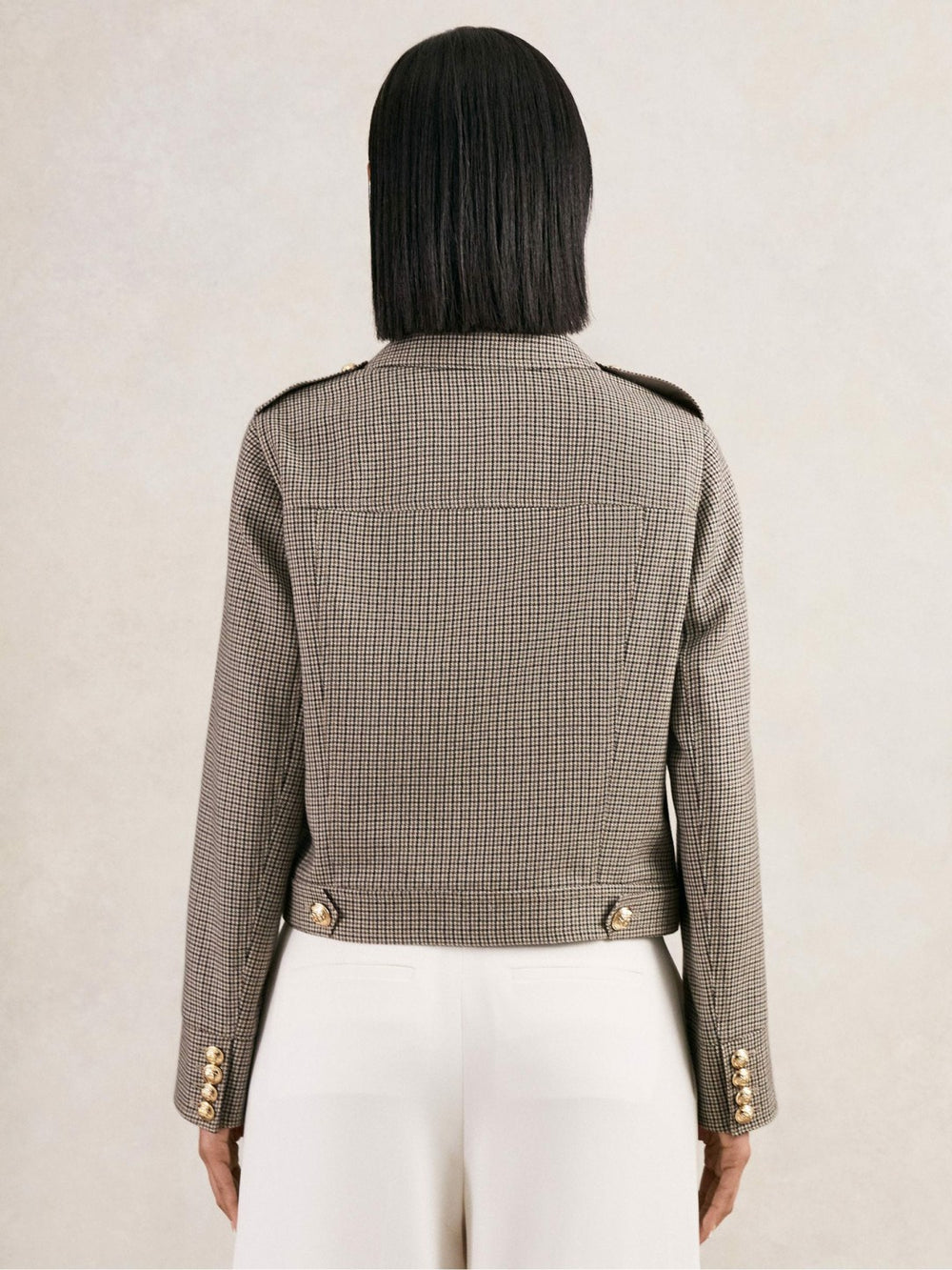 Wool Twin-Pocket Cropped Jacket in Neutral Check