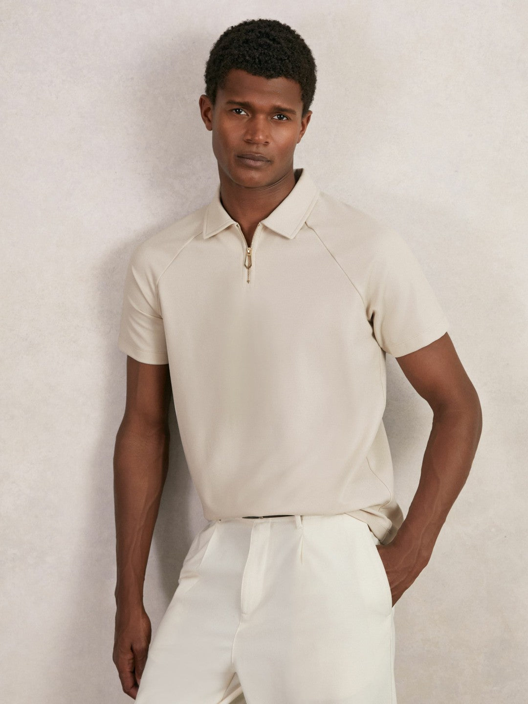 Textured Raglan Half-Zip Polo Shirt in Stone