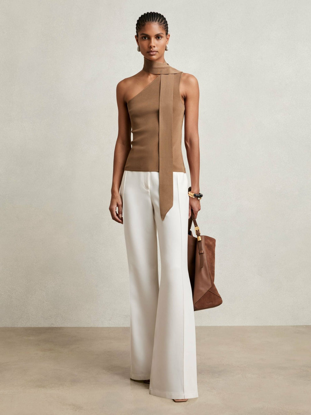 One Shoulder Scarf Top in Taupe Neutral