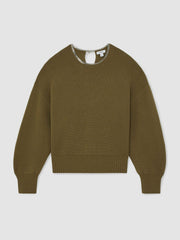 Wool-Blend Necklace-Trim Jumper with Cashmere in Sage Green